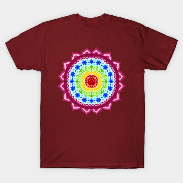 Rainbow Flower Mandala T-Shirt by julieerindesigns